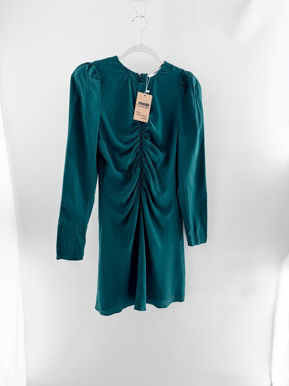 Thakoon 100% Silk Long Sleeve Gathered Pencil Mini Dress Forest Green Women's 6